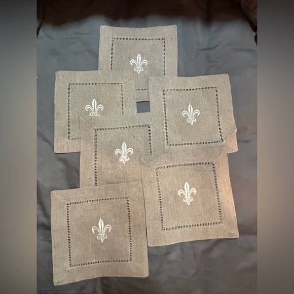 Fleur De Lis Fabric Coasters Other - Elegant Brown Linen Coasters with Fleur-de-Lis Embroidery (Set of 6)